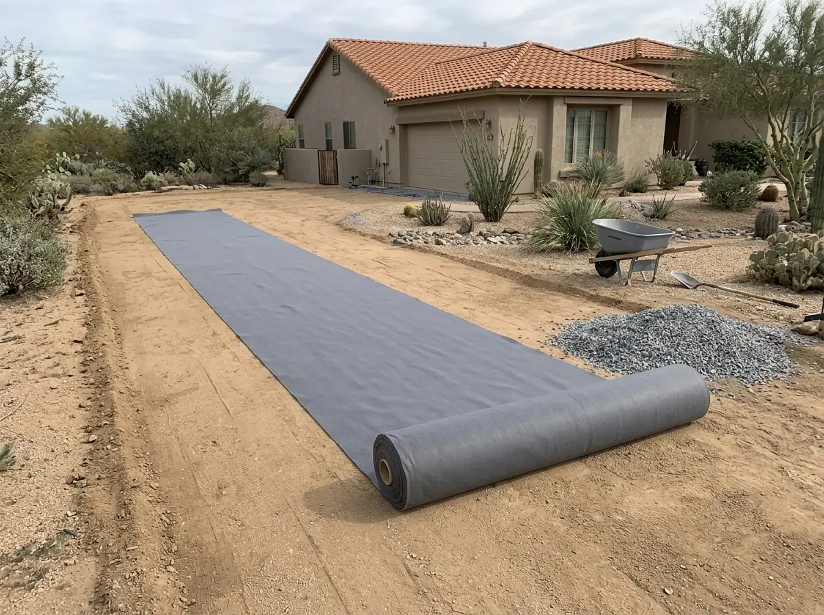 Roll of plain gray geotextile fabric spread over a graded soil bed before gravel base is placed on a driveway