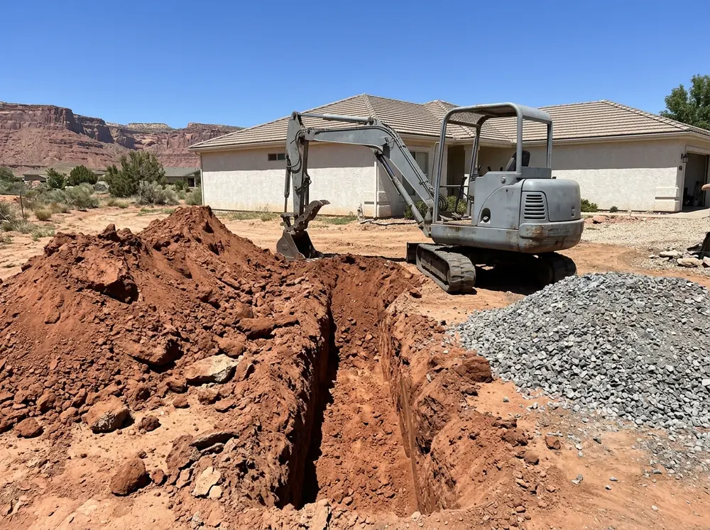 Excavated driveway trench dug well below grade into reddish clay soil, a pile of removed soil and a stack of road base beside it