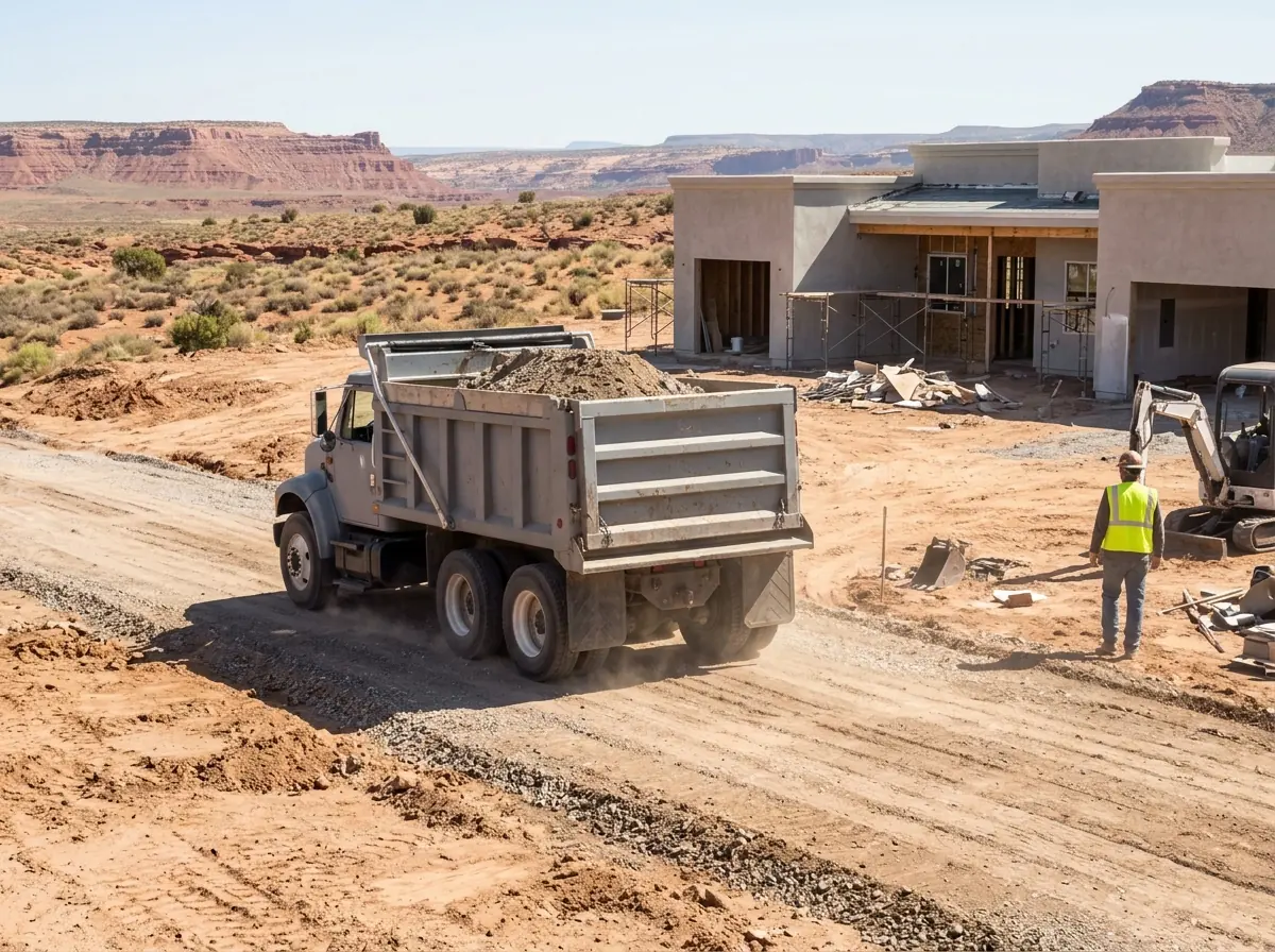 Loaded gray dump truck driving slowly over a compacted dirt subgrade for a driveway while a worker seen from behind watches the tires