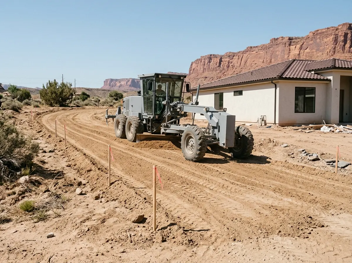 Plain gray grader shaping bare tan soil into a sloped driveway bed beside a new stucco home, red cliffs in the distance