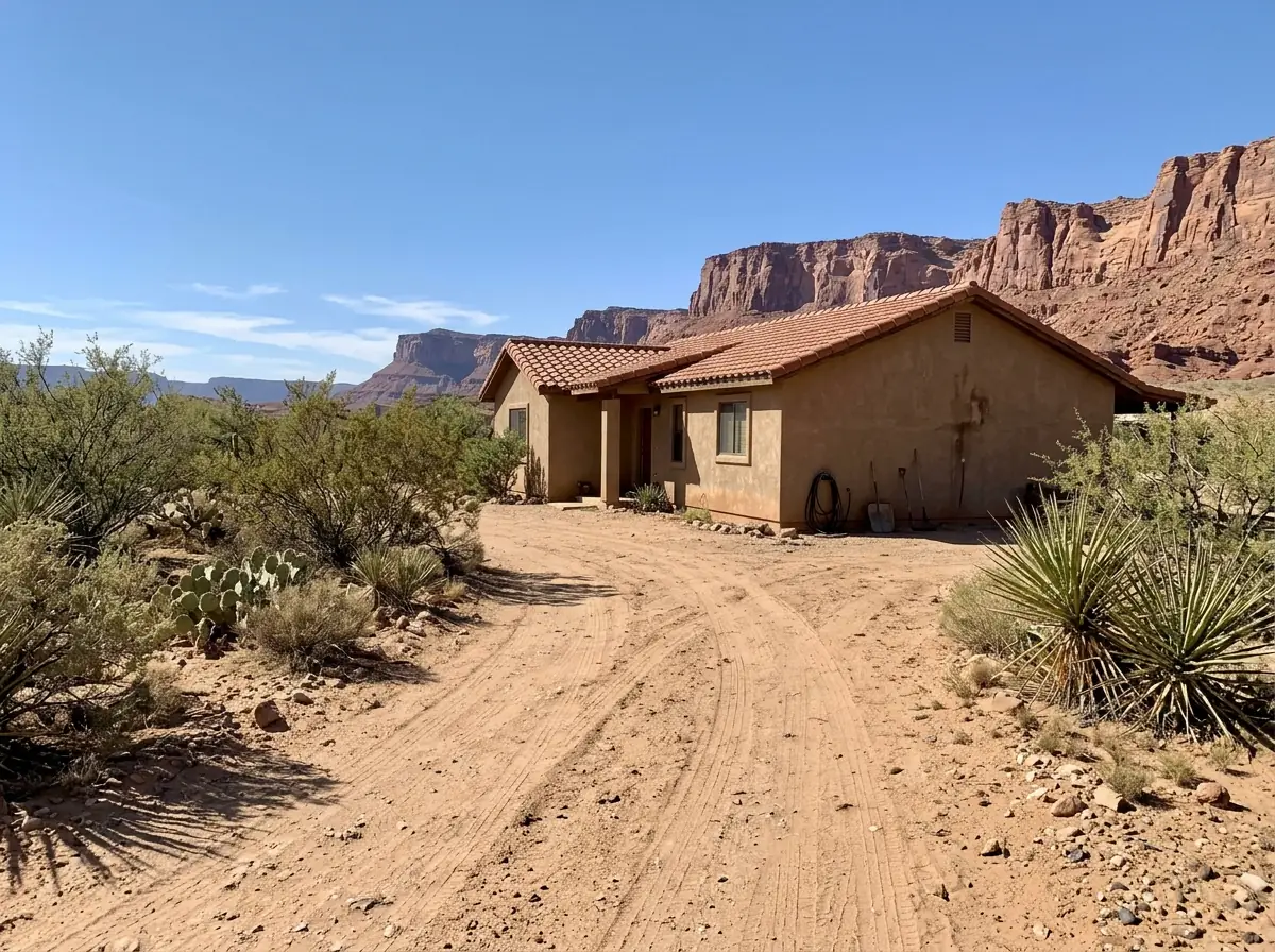 Bare tan desert-soil driveway with tire tracks leading to a stucco home with a tile roof, red cliffs behind