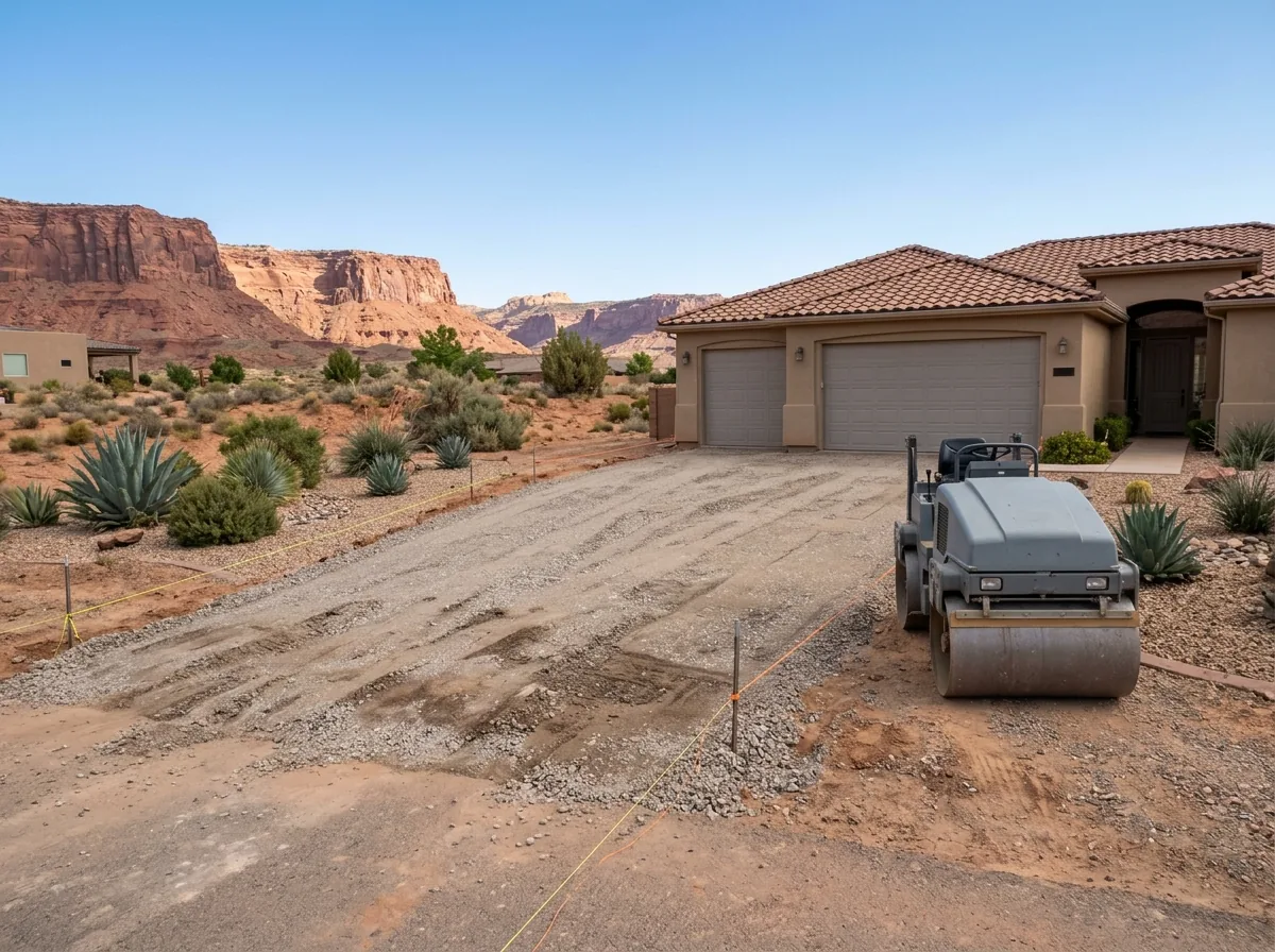 Compacted crushed-stone driveway being regraded beside a stucco home, a plain gray roller parked at the edge