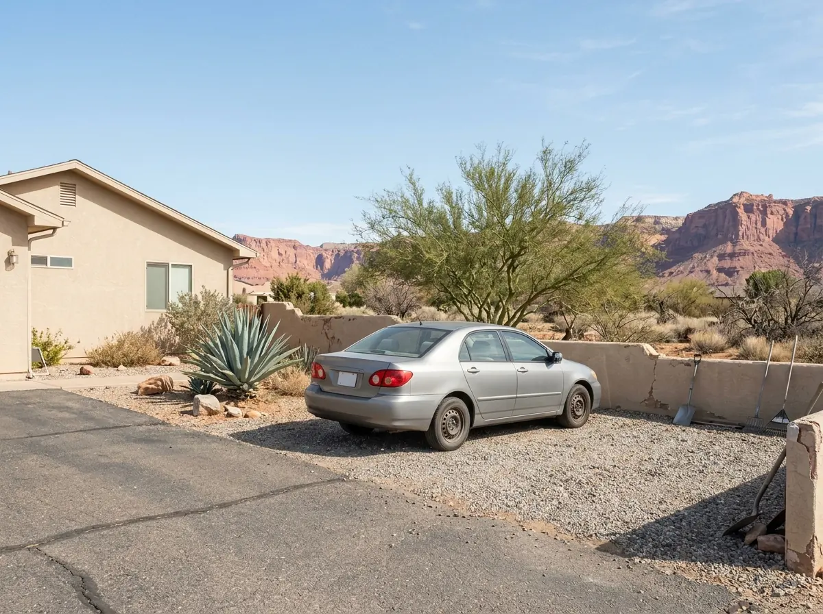 Gravel parking pad next to a driveway at the side of a stucco home, a sedan parked on the stone