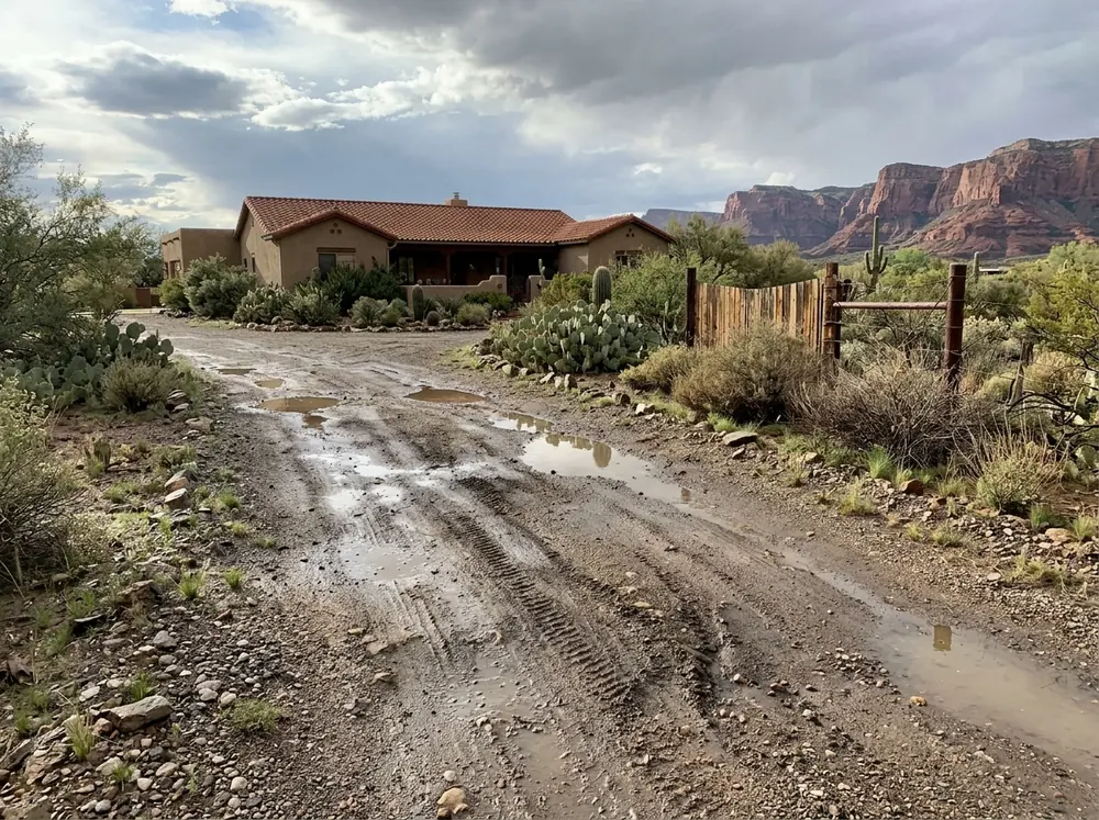 Gravel driveway with deep tire ruts and washboard ripples after rain, puddles in the low spots