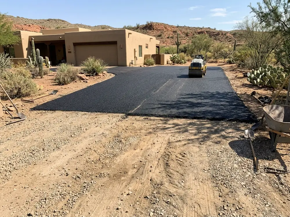 Gravel driveway partly converted to fresh black asphalt