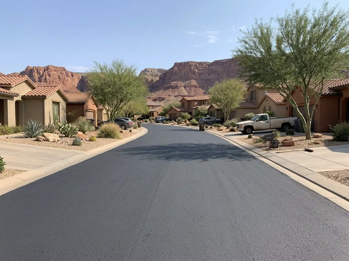 Residential HOA street with a fresh dark slurry seal surface between curbs, stucco homes and desert landscaping on both sides