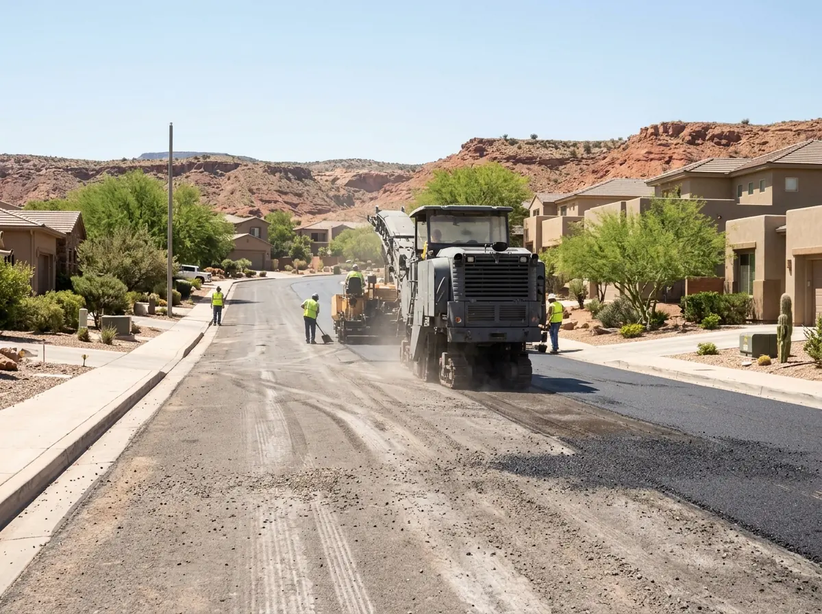 Milling machine and paver resurfacing a curbed subdivision street lined with stucco homes and palo verde trees