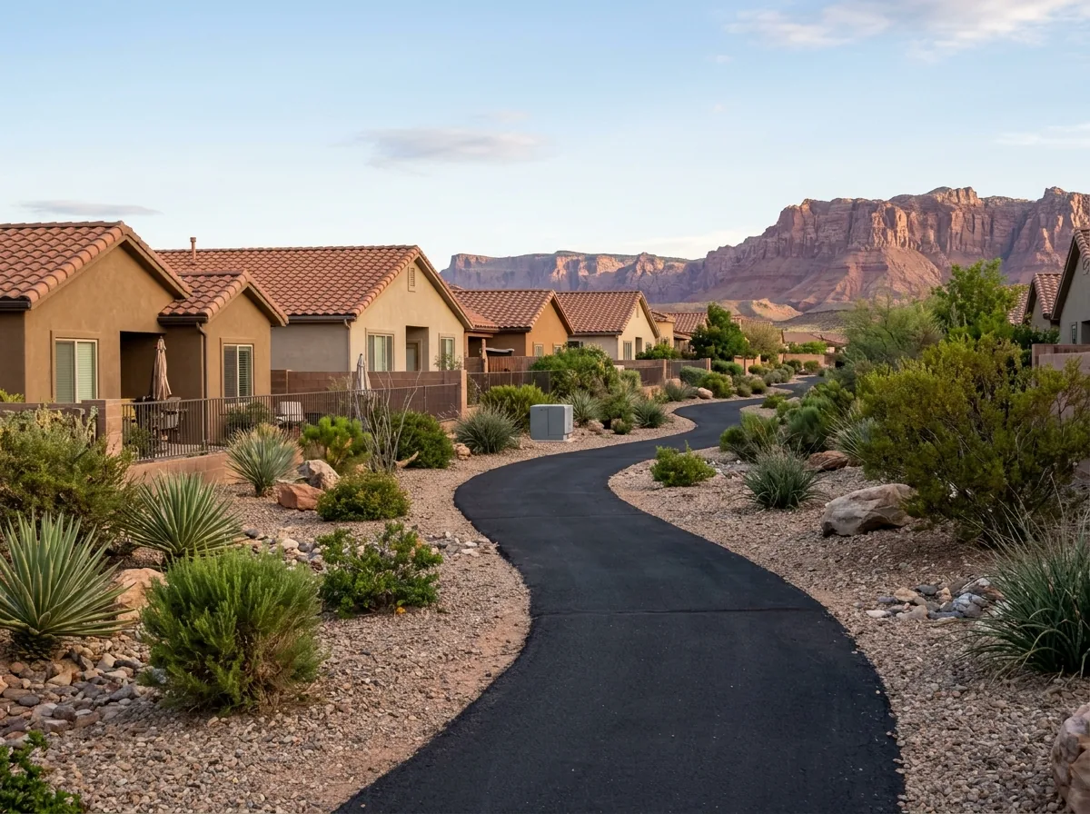 Narrow asphalt walking path winding through desert landscaping with agave and gravel behind a row of stucco homes