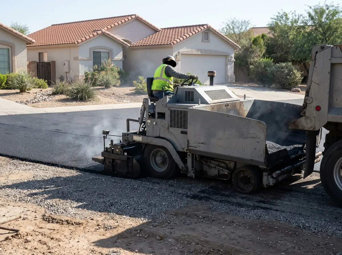 Paving machine laying a new asphalt driveway over a compacted gravel base
