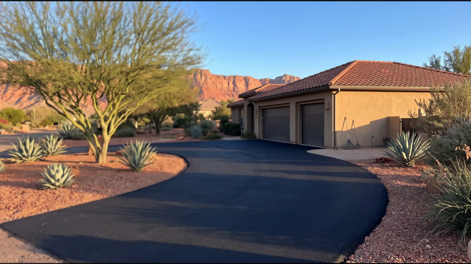 Freshly paved black asphalt driveway leading to a stucco home with red sandstone cliffs behind