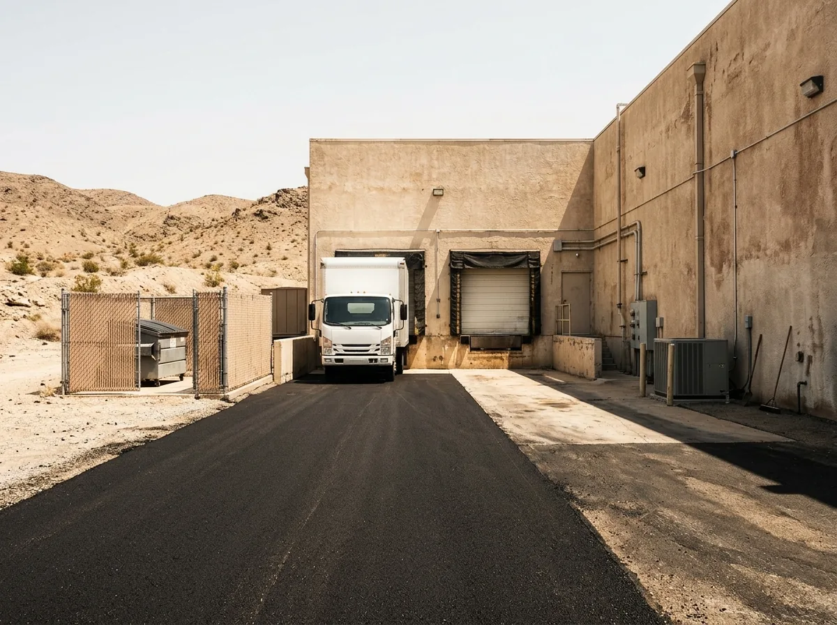 Thick asphalt truck lane leading to a loading dock at the back of a stucco warehouse