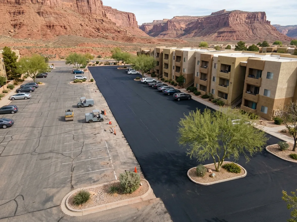 Newly paved parking lot expansion joining an older gray asphalt lot beside an apartment building