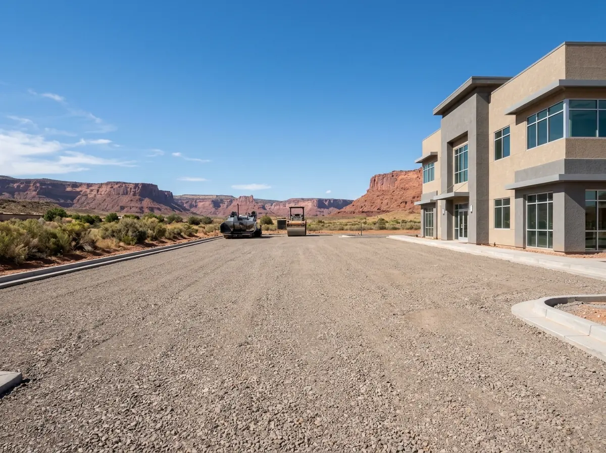 Graded and compacted gravel base for a new parking lot beside a stucco office building, a paving machine at the far end