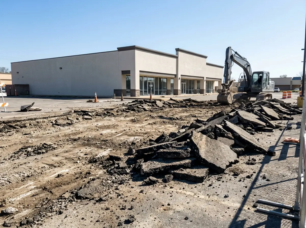 Old parking lot asphalt being removed down to the base beside a stucco retail building