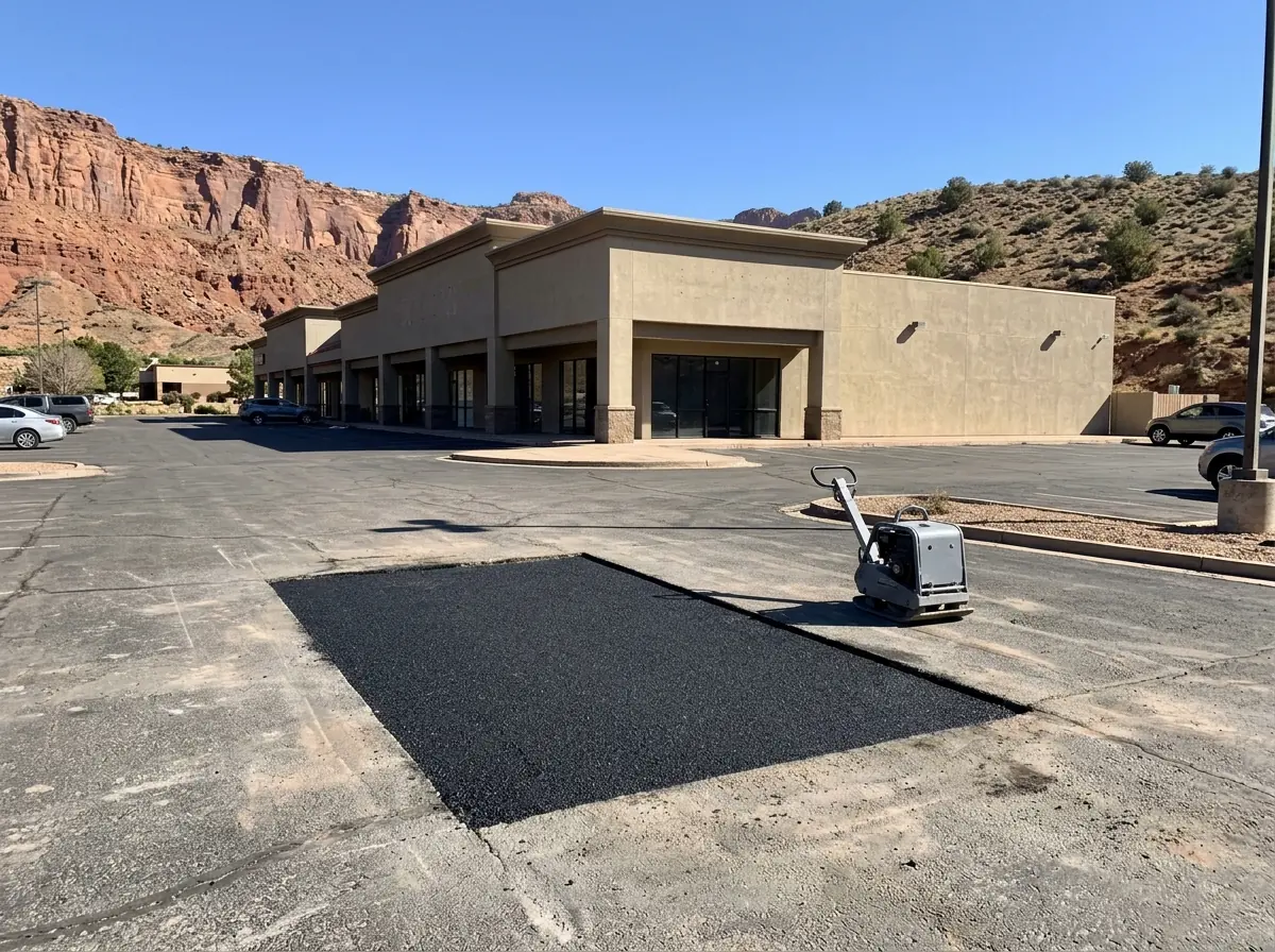 Saw-cut rectangular patch of fresh black asphalt in the gray drive lane of a stucco shopping center parking lot