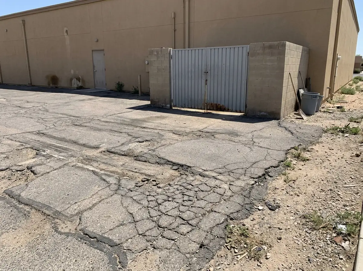 Cracked and rutted asphalt in front of a trash enclosure at the back of a stucco commercial building