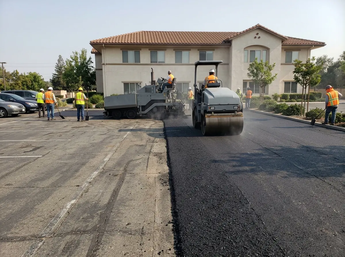 Paving machine laying a new asphalt overlay across an office parking lot, half the lot fresh black and half old gray