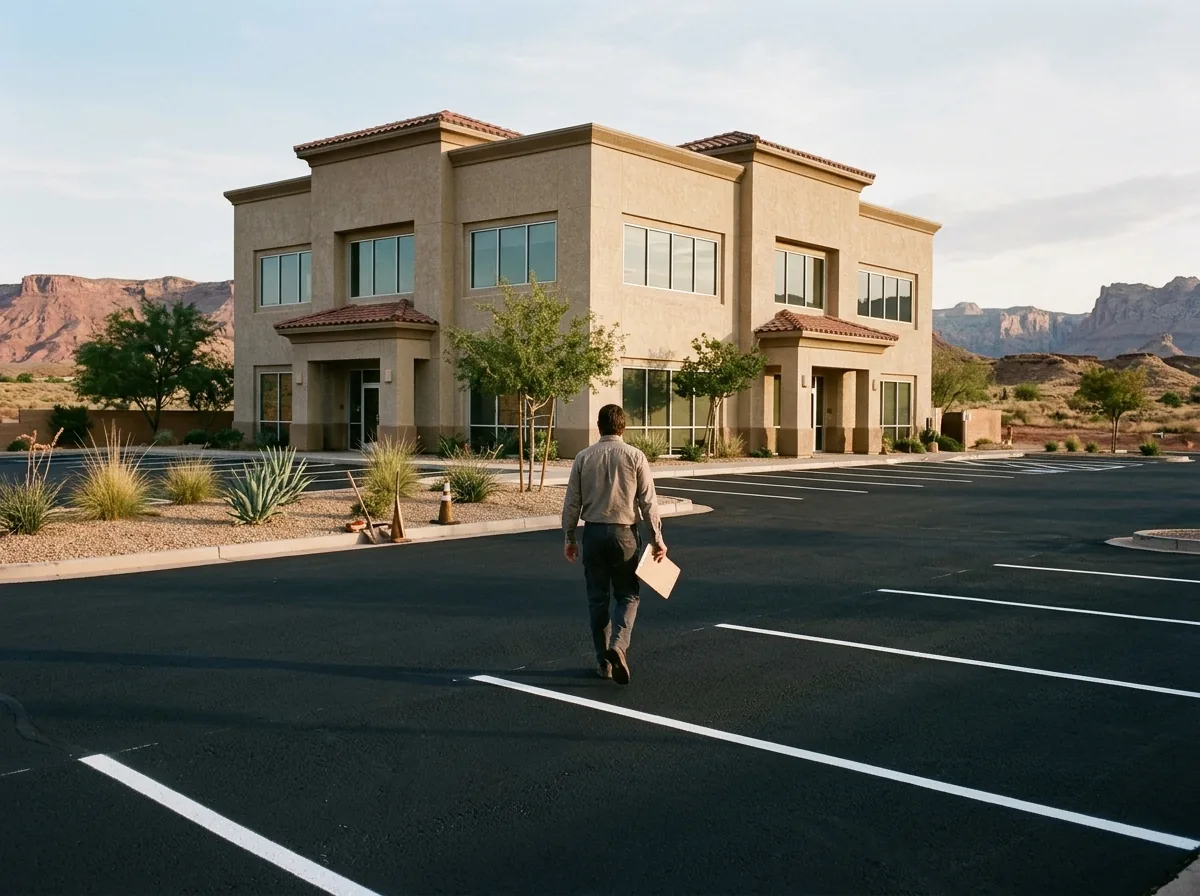 Facility manager seen from behind walking a freshly sealed and striped stucco office parking lot with a clipboard