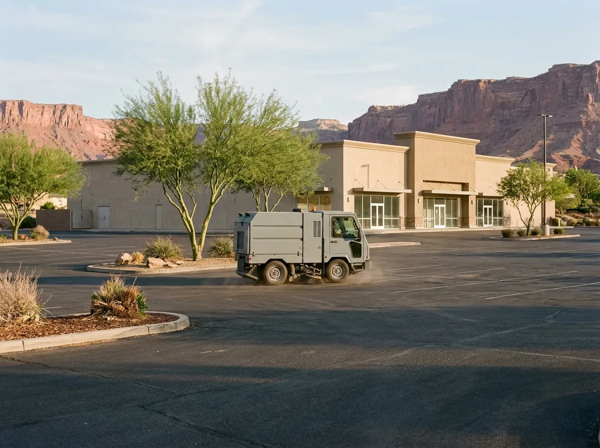 Small sweeper truck cleaning a large empty parking lot in front of a stucco retail building, red cliffs in the distance