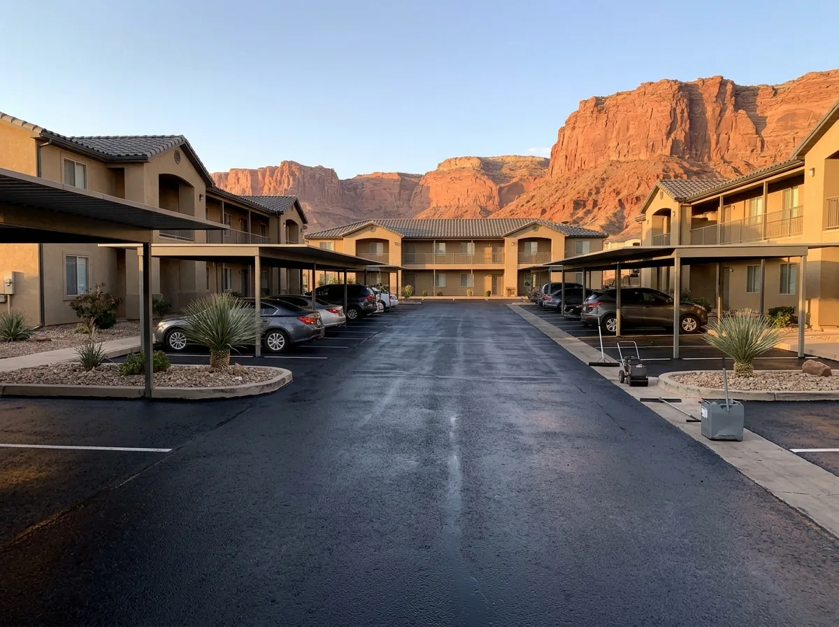 Apartment complex parking lot with covered carports and a freshly sealed black drive lane between stucco buildings
