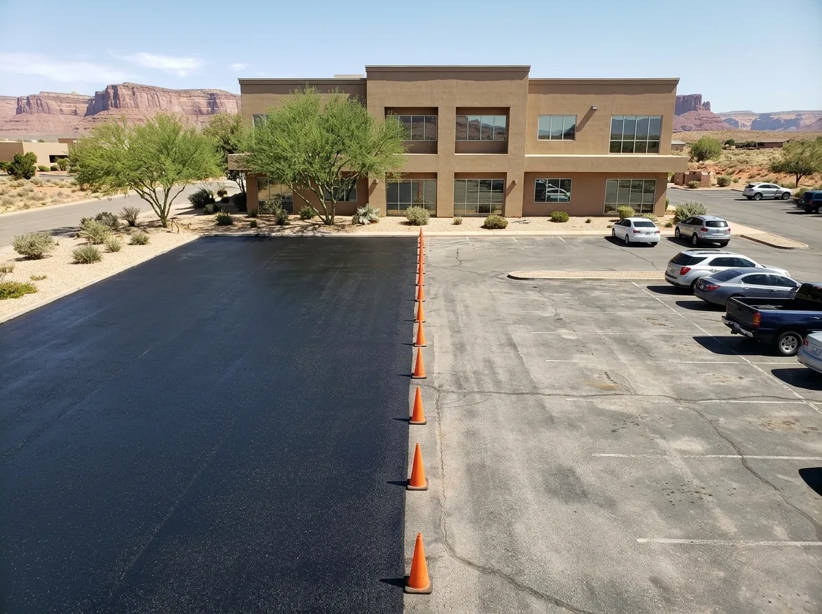 Parking lot split by orange cones, one half freshly sealed black and empty, the other half gray with parked cars near a stucco office building
