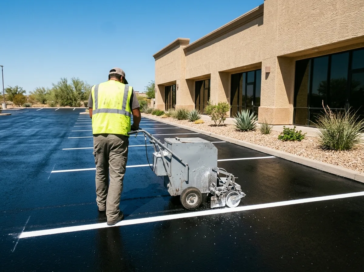 Fresh white parking stripes being painted on a newly sealed black lot beside a stucco retail building