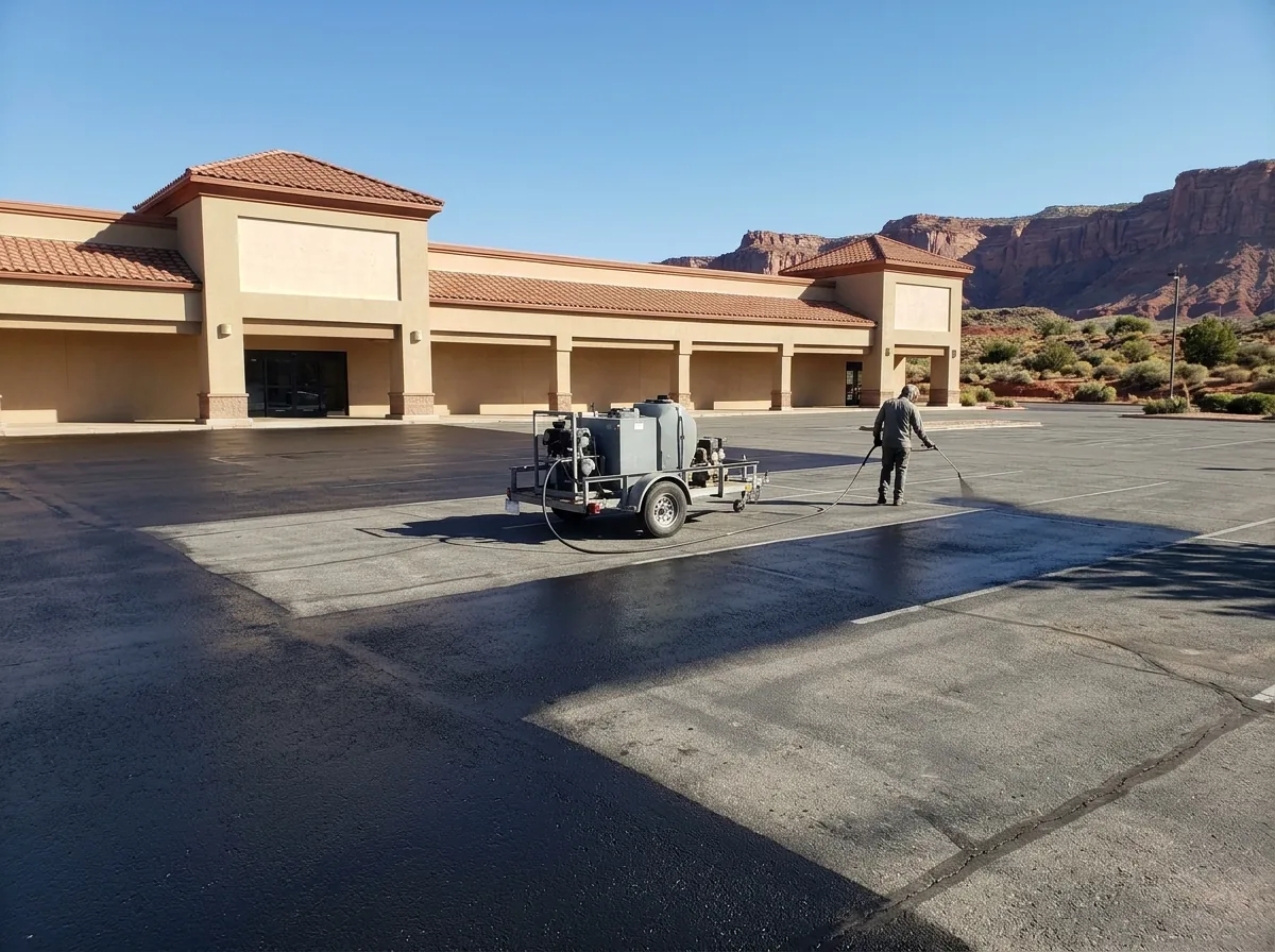 Sealcoat sprayer laying a fresh black coat across a stucco shopping center parking lot, the second half of the lot still gray