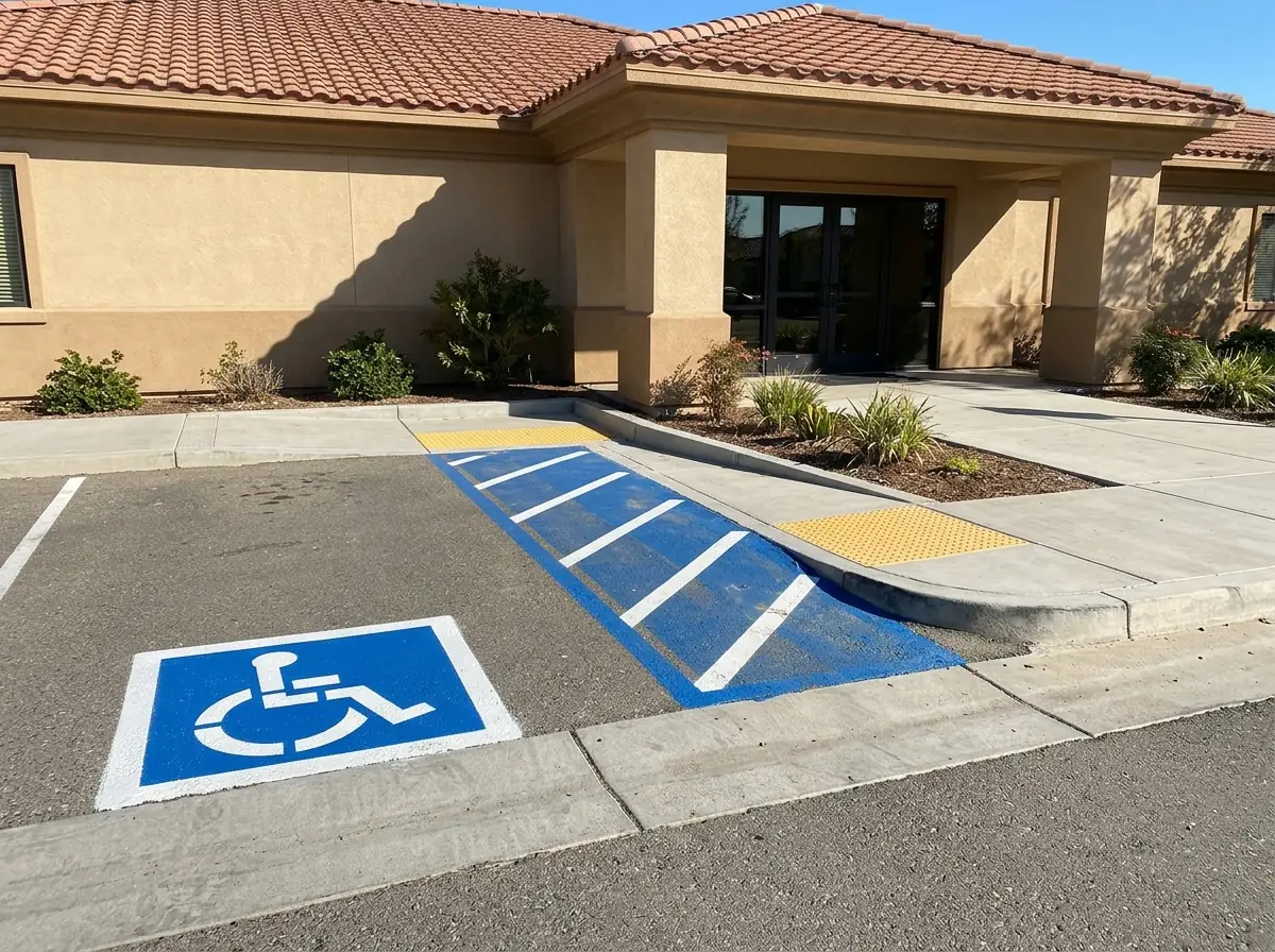 Accessible parking stall with a painted wheelchair symbol and a striped access aisle next to a stucco building entrance