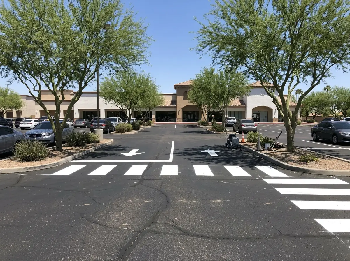 White directional arrows and a painted crosswalk on a black asphalt drive lane between rows of parking stalls