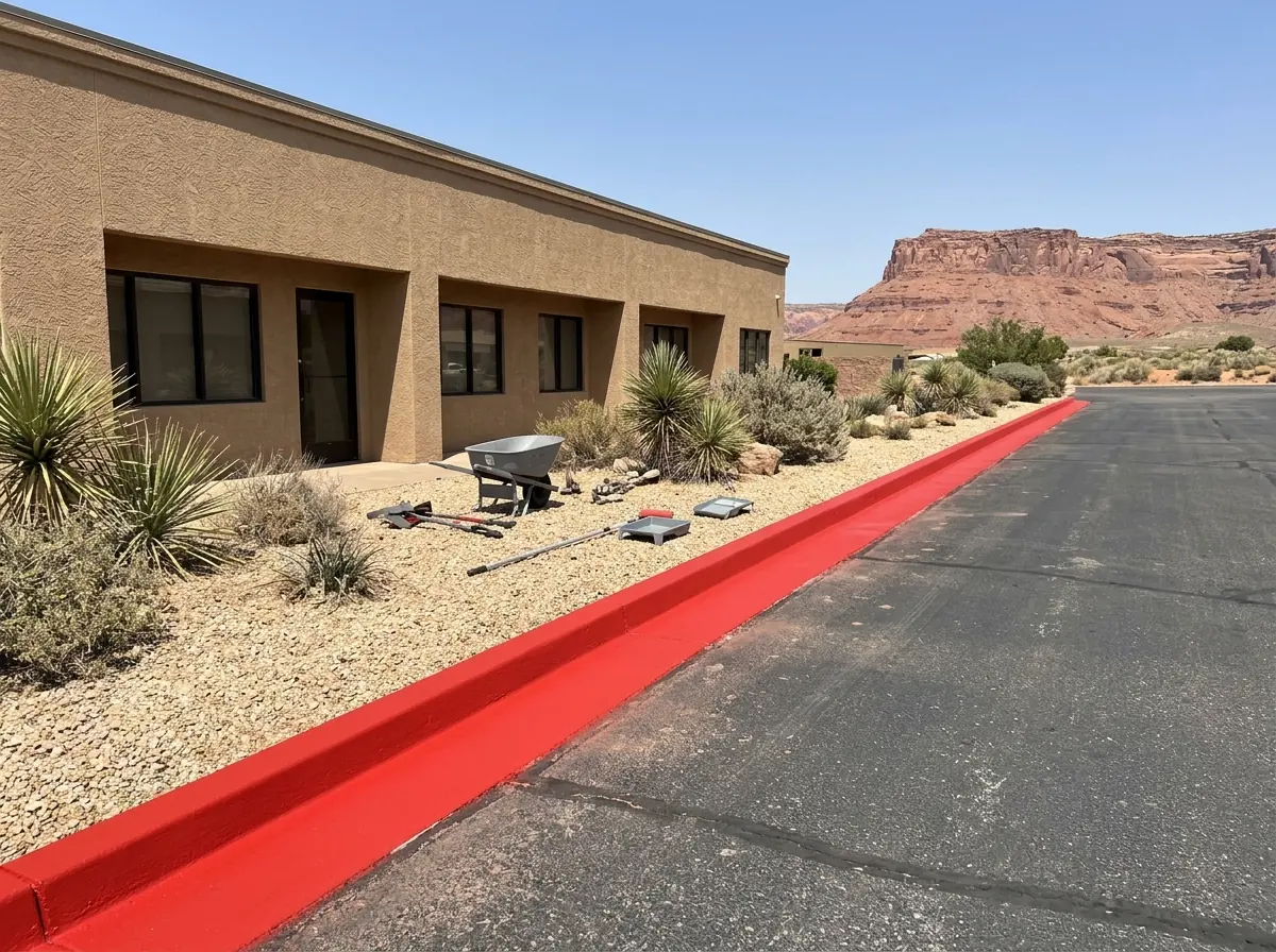 Red painted curb running along a drive lane in front of a stucco commercial building