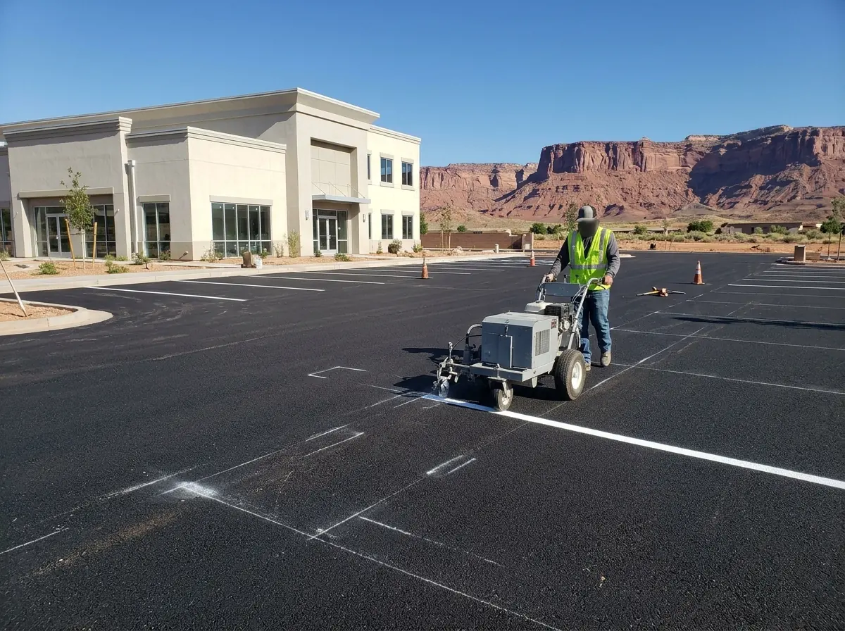 Striping machine painting new white stall lines on a freshly paved black parking lot beside a stucco office building