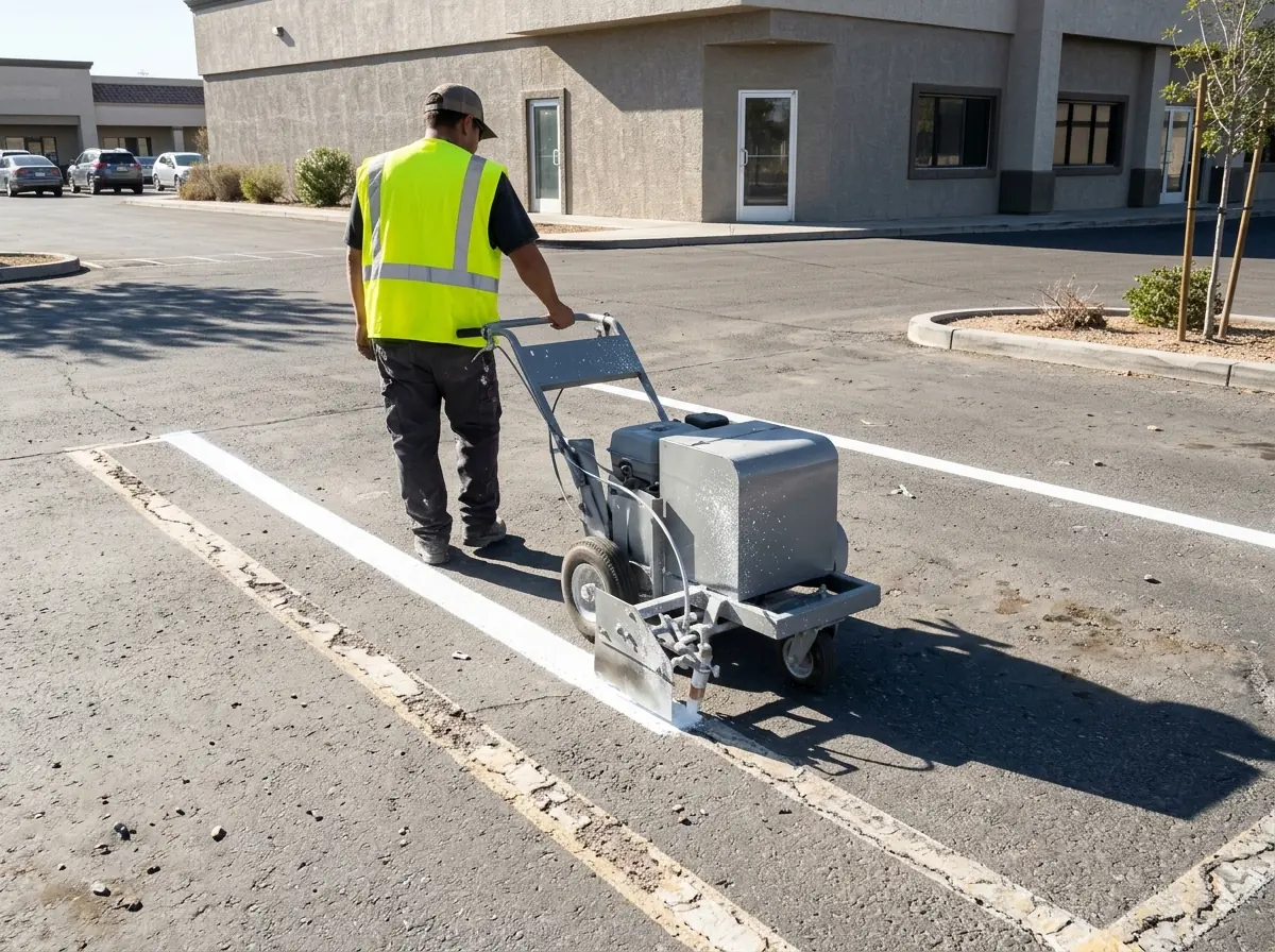 Faded white parking stall lines being repainted in bright white on a gray asphalt lot in front of a stucco retail building