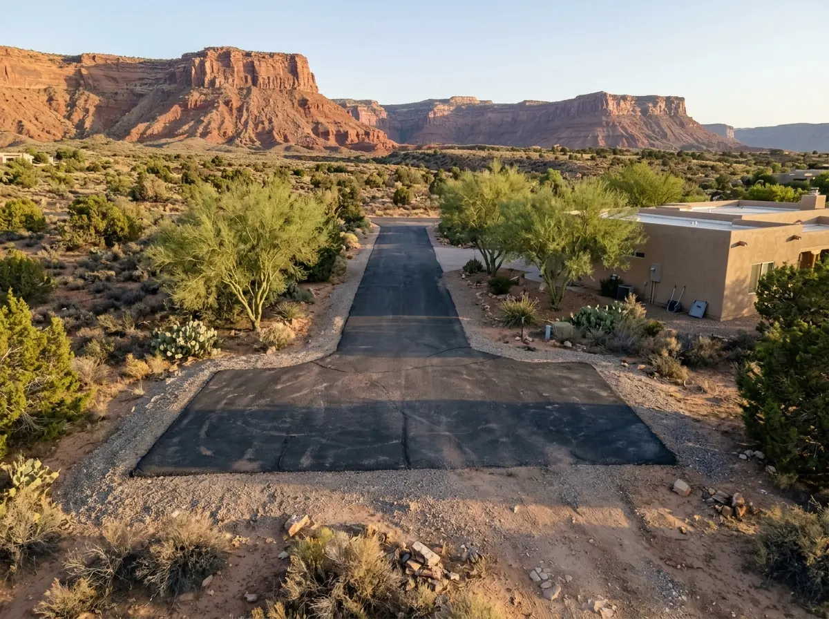 Wide asphalt hammerhead turnaround at the end of a private road beside a stucco home, desert shrubs and red rock behind
