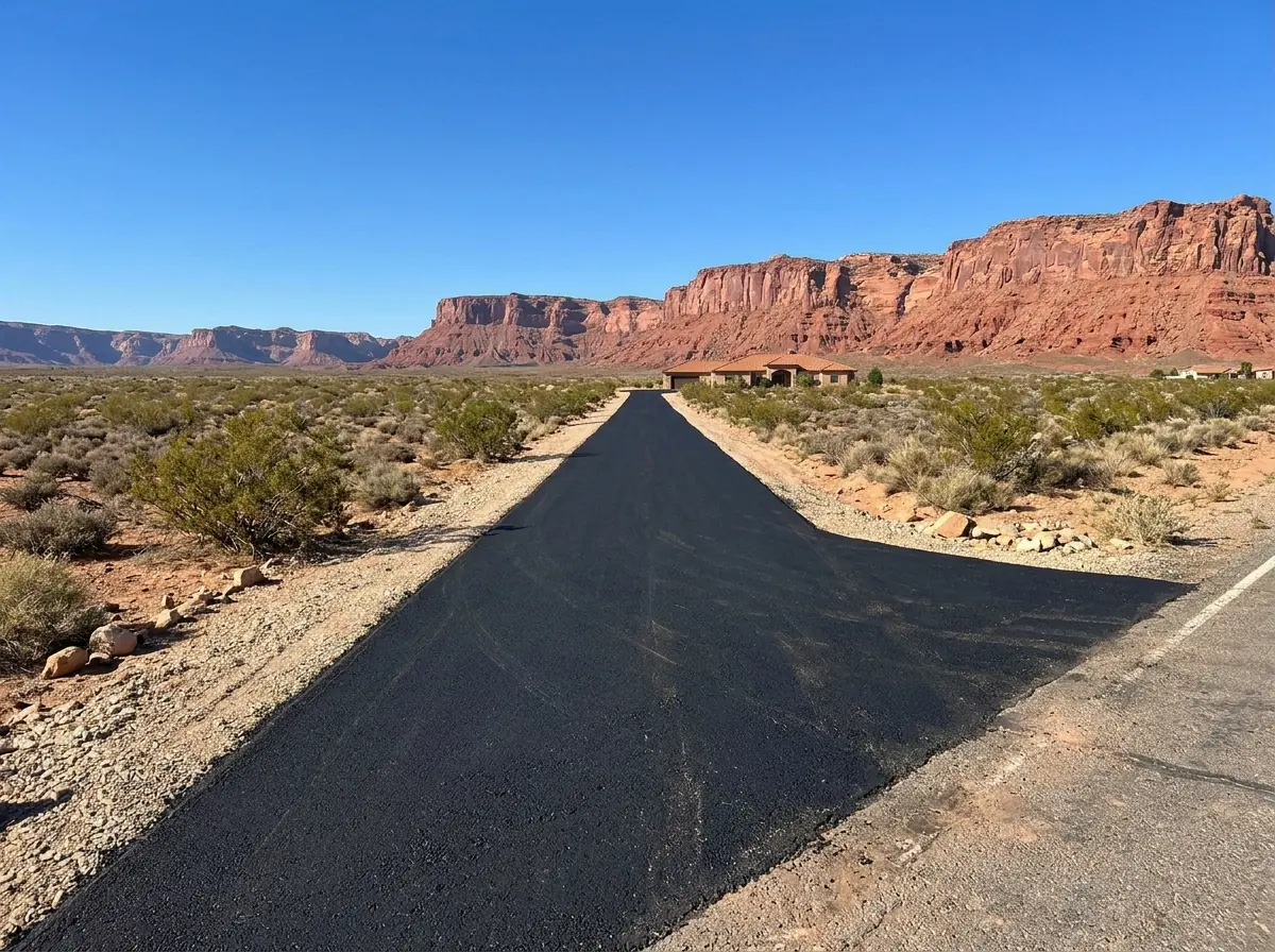 Long black asphalt driveway running across a desert lot with creosote and gravel toward a distant stucco home under red cliffs