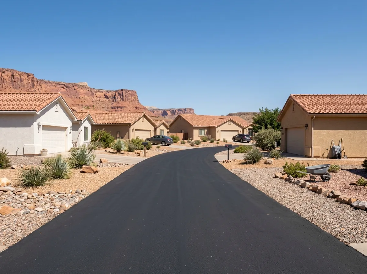 Paved private lane curving between several single-story stucco homes with tile roofs and gravel landscaping