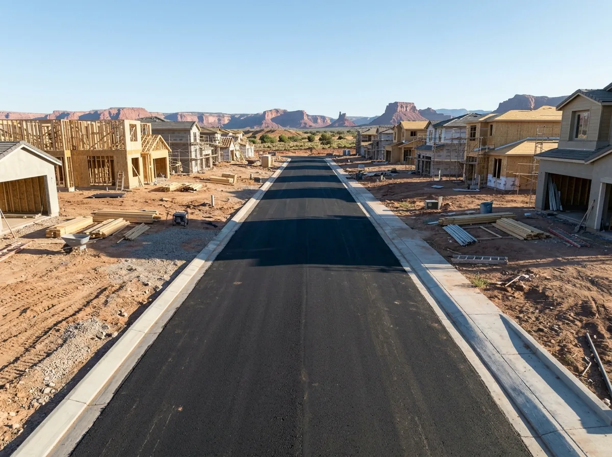 New asphalt street with concrete curb and gutter in an unfinished subdivision with stucco homes under construction