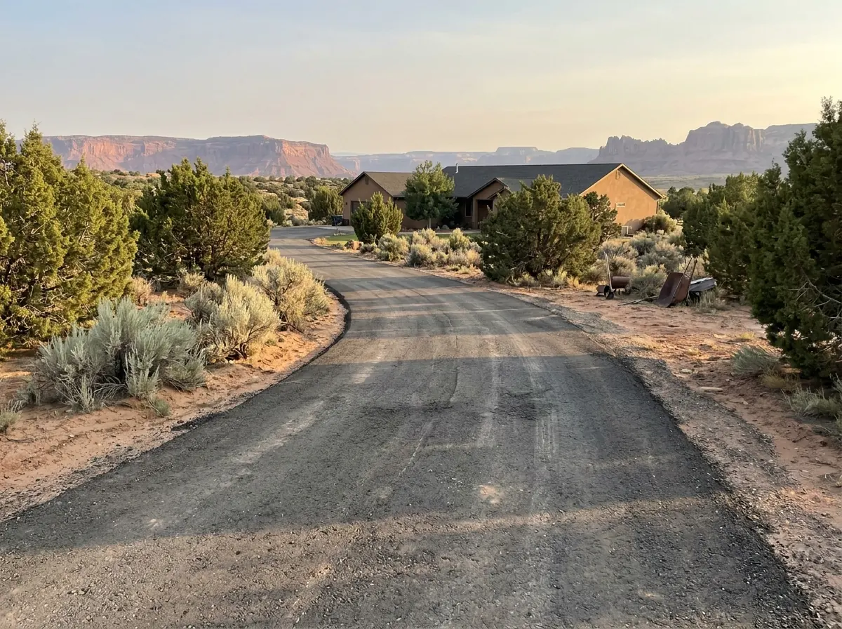 Long driveway surfaced with compacted recycled asphalt millings