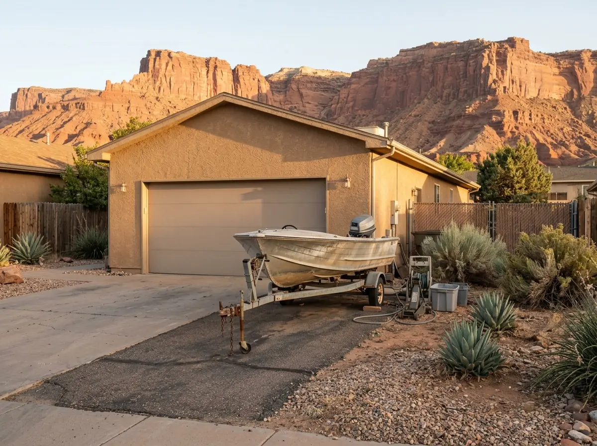 Boat on a trailer parked on a short asphalt pad next to a garage of a single-story stucco home