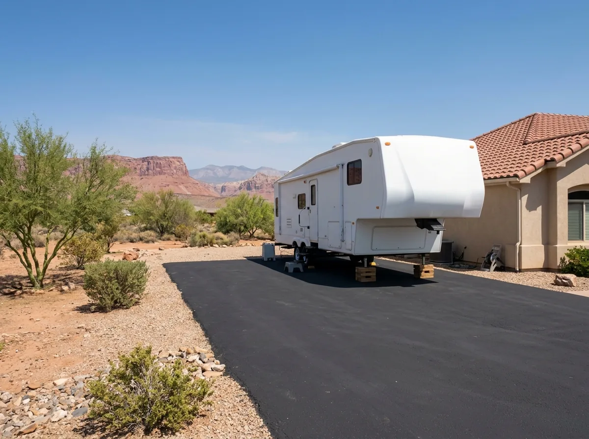 Large fifth-wheel trailer parked on a wide asphalt pad beside a stucco home with a tile roof and desert landscaping