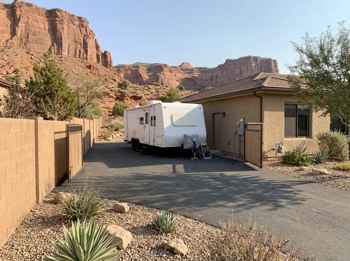 Long asphalt RV pad running along the side of a stucco home behind an open double gate, a travel trailer parked on it