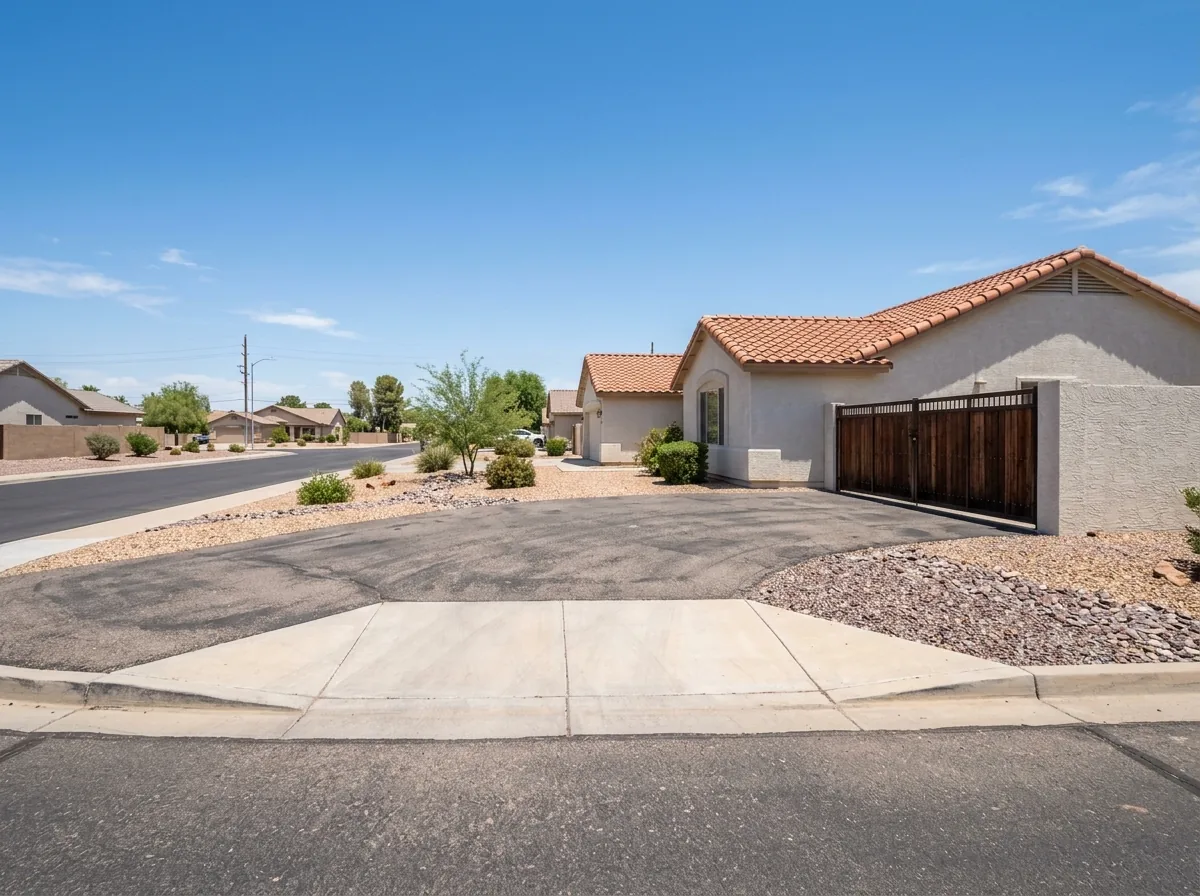 Wide asphalt turn-in area connecting a residential street to a side-yard RV pad, the curb cut flared for a long trailer