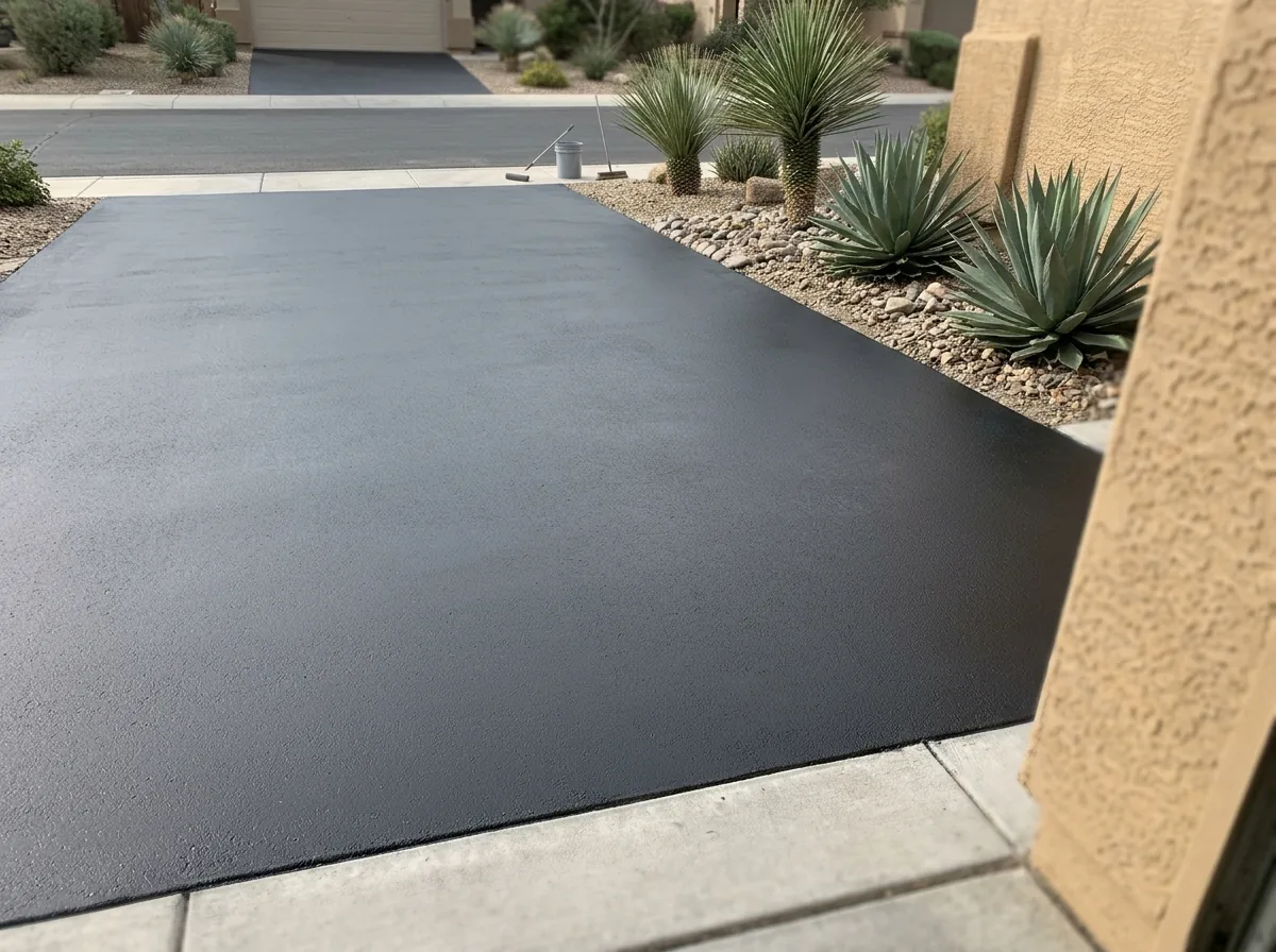 Smooth dark gray acrylic sealer finish on an asphalt driveway beside desert landscaping