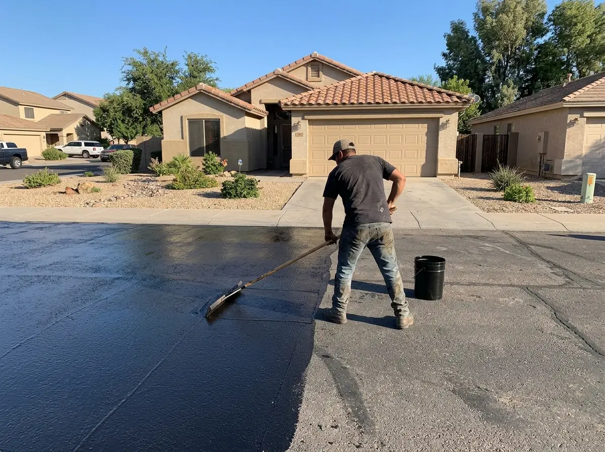Black asphalt-emulsion sealer being spread across a residential driveway in front of a stucco home
