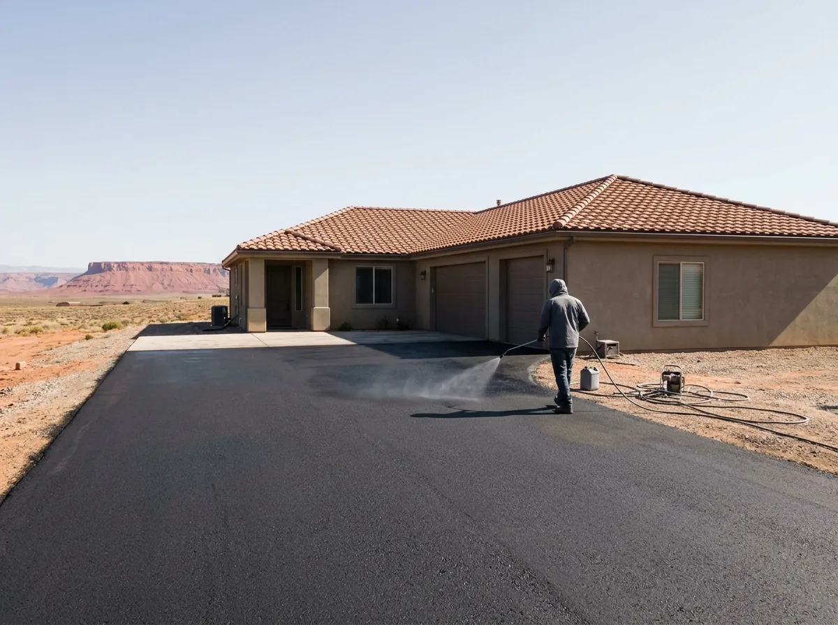 Fresh black asphalt driveway several months old, with a sealcoat being sprayed on for the first time