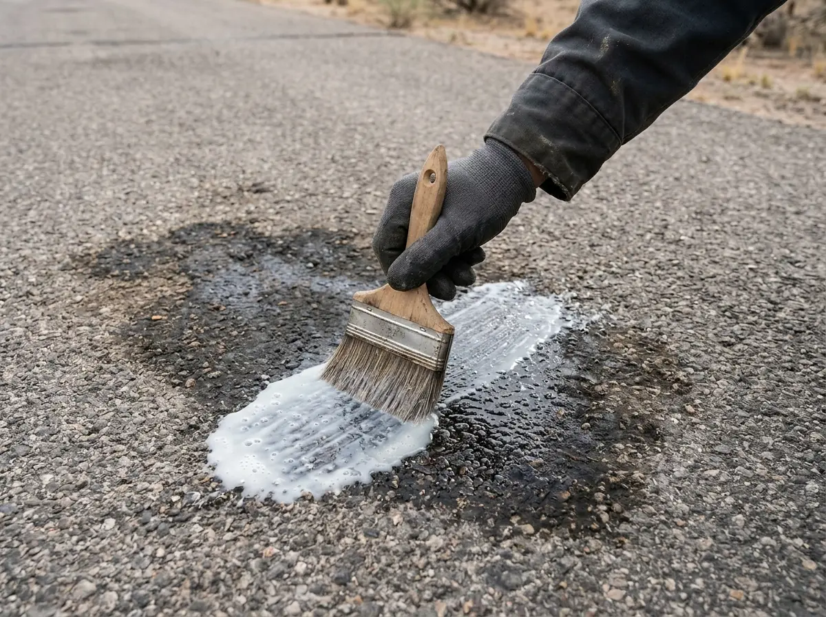 Oil stain on an asphalt driveway being brushed with clear primer before sealcoating