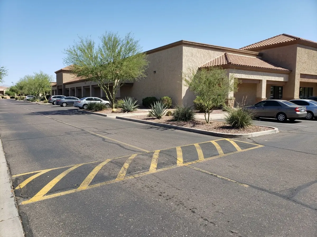 Short, tall asphalt speed bump painted with yellow stripes across a parking lot lane beside a stucco retail building
