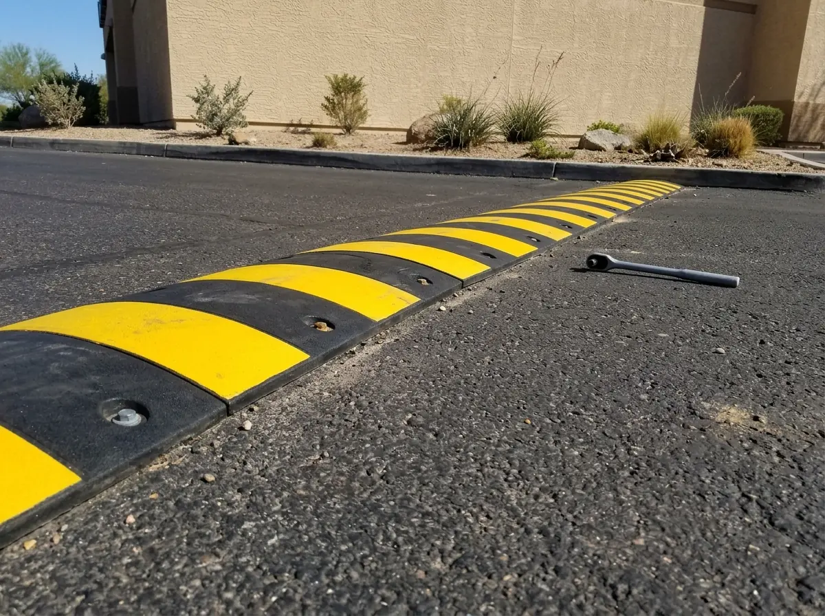 Black and yellow rubber speed bump sections bolted across an asphalt parking lot aisle beside a stucco building