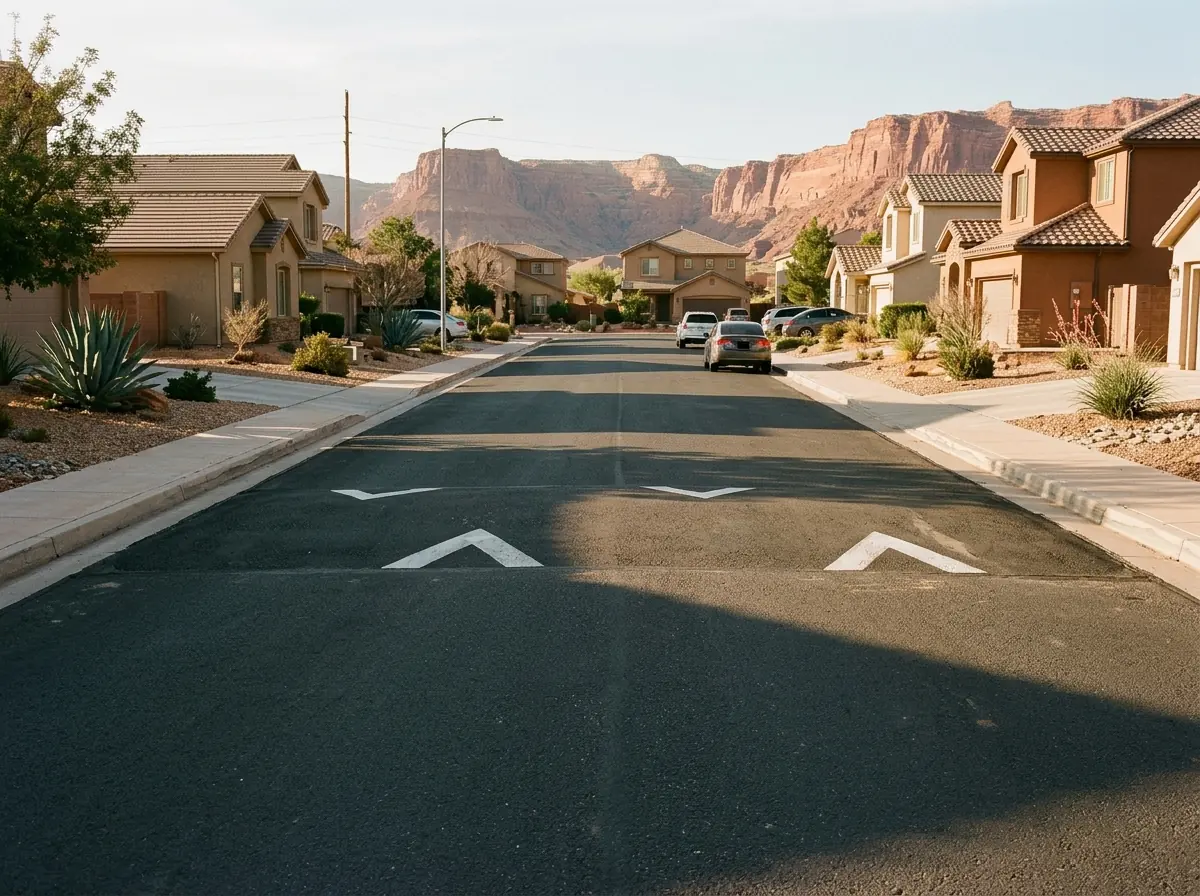Long, gentle asphalt speed hump with white chevron markings on a curbed residential street lined with stucco homes