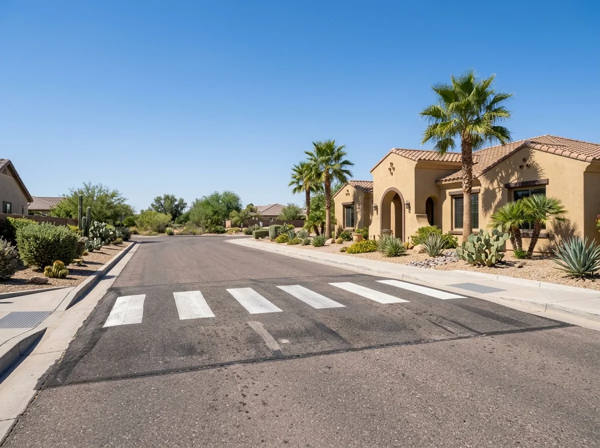 Flat-topped asphalt speed table with a painted crosswalk across a community street next to a clubhouse and palm trees