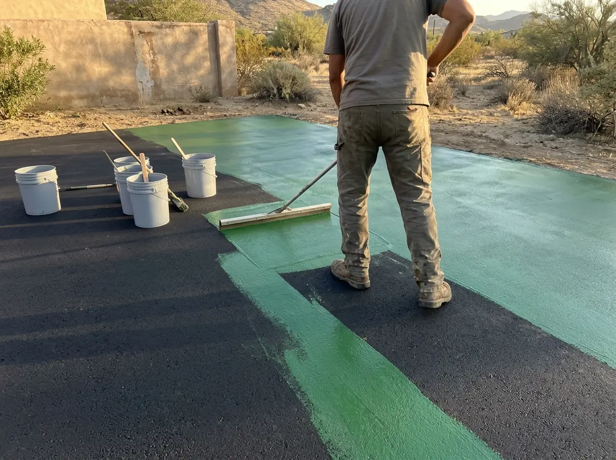 Worker seen from behind spreading green acrylic coating with a squeegee across a new asphalt court